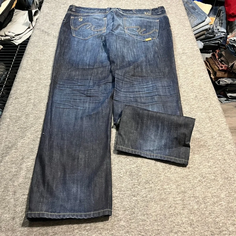 Marc Ecko Cut & Sew Mens 38x30 Slim Bootcut Jeans Dark Wash Embroidered Blue